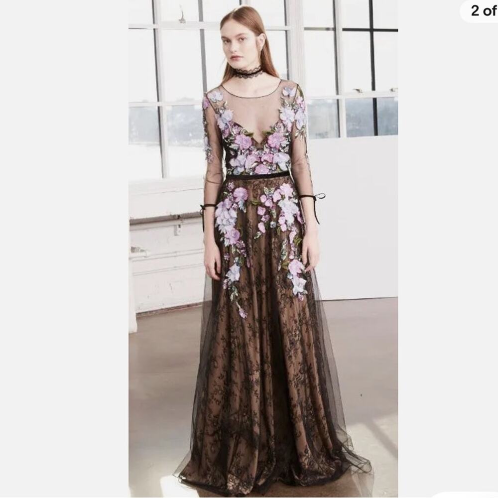 Marchesa Norte gown long wedding guest dress black shear floral formal